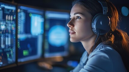 Flight dispatcher managing air traffic with computer technology in control room environment