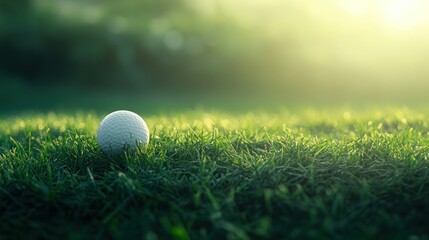 Golf ball on green grass at sunrise