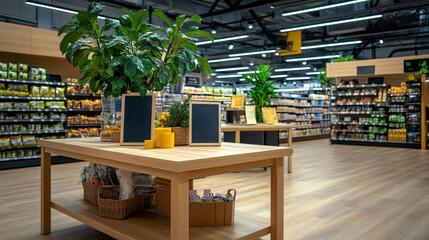 Modern organic grocery store with wooden furniture, green plants, and neatly arranged products on shelves