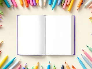 White mockup book with coloring pencils