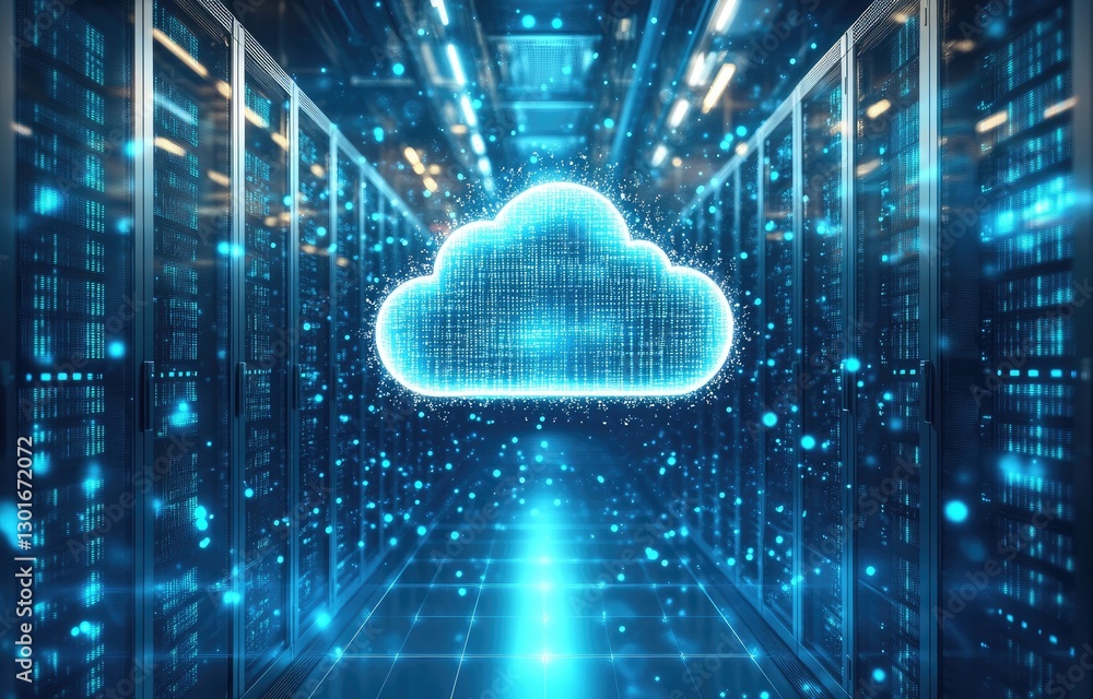 Aufkleber a futuristic data center with glowing blue server racks and a digital cloud icon, symbolizing cloud 