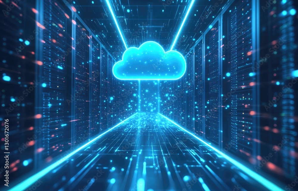 Aufkleber a futuristic data center with glowing blue servers and a holographic cloud icon, symbolizing cloud c