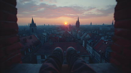 Fototapeta premium Rooftop Sunset View Through Brick Wall