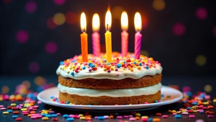 Birthday cake with lit candles on a dark background, decorated with colored sprinkles. An atmosphere of joy and celebration. Ideal for greeting cards, bakery advertising, baking blogs.