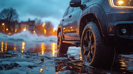 Fototapeta premium Black SUV travels through a water-filled street in the city at night