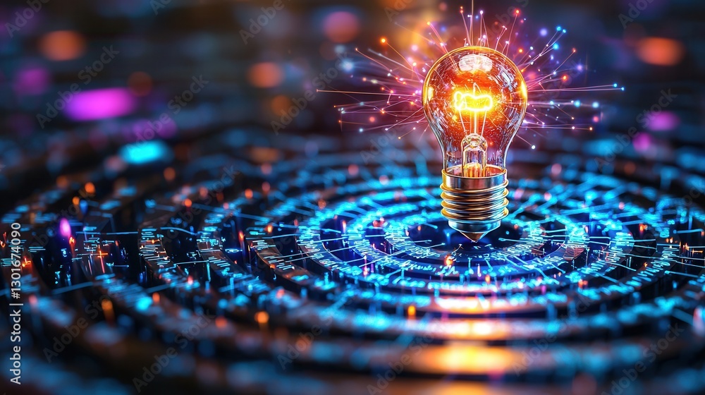 Poster futuristic maze with dynamic patterns and a bright illuminated light bulb symbolizing innovation cre