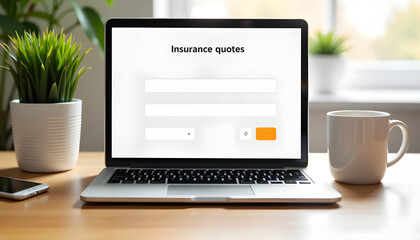 Fototapeta premium Minimalist laptop displaying insurance quotes on calm workspace, productivity