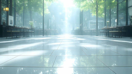 Sunny cafe alleyway, morning light