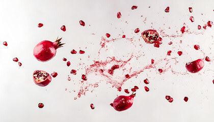 Juice splashes and fresh pomegranates in air on white background