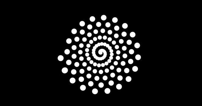 Rotating Spiral of concentric white dots that shrink to oblivion animation.  Matte, or speed up for transition.