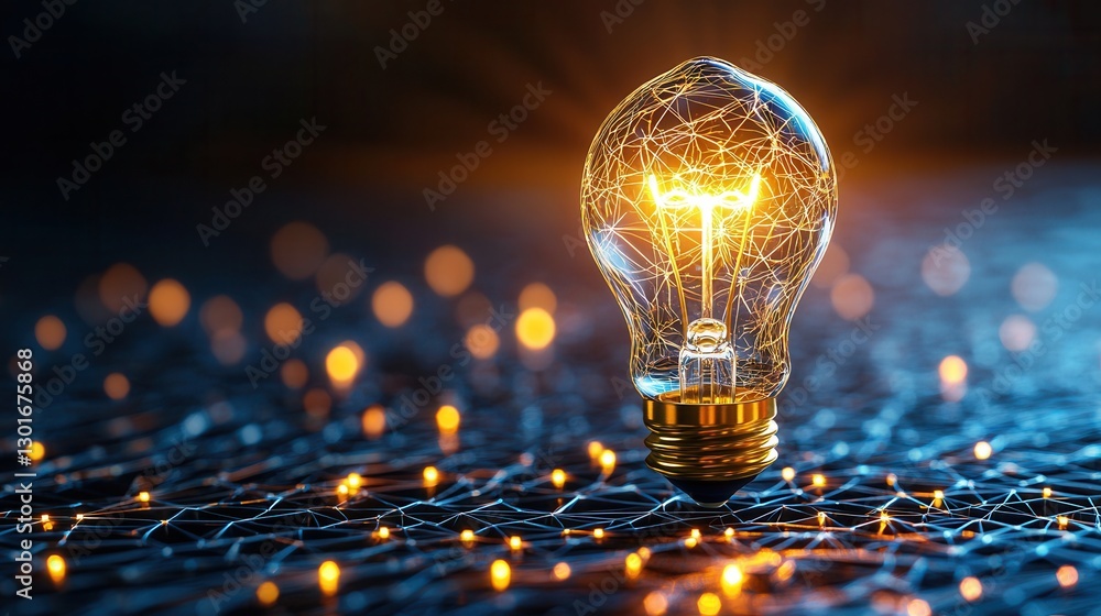 Poster a glowing light bulb symbolizing innovation creativity and against an intricate geometric maze like 