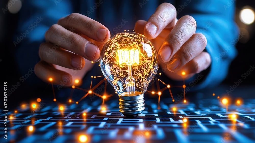 Poster glowing filament light bulb at the center of a digital network representing the power of innovation 