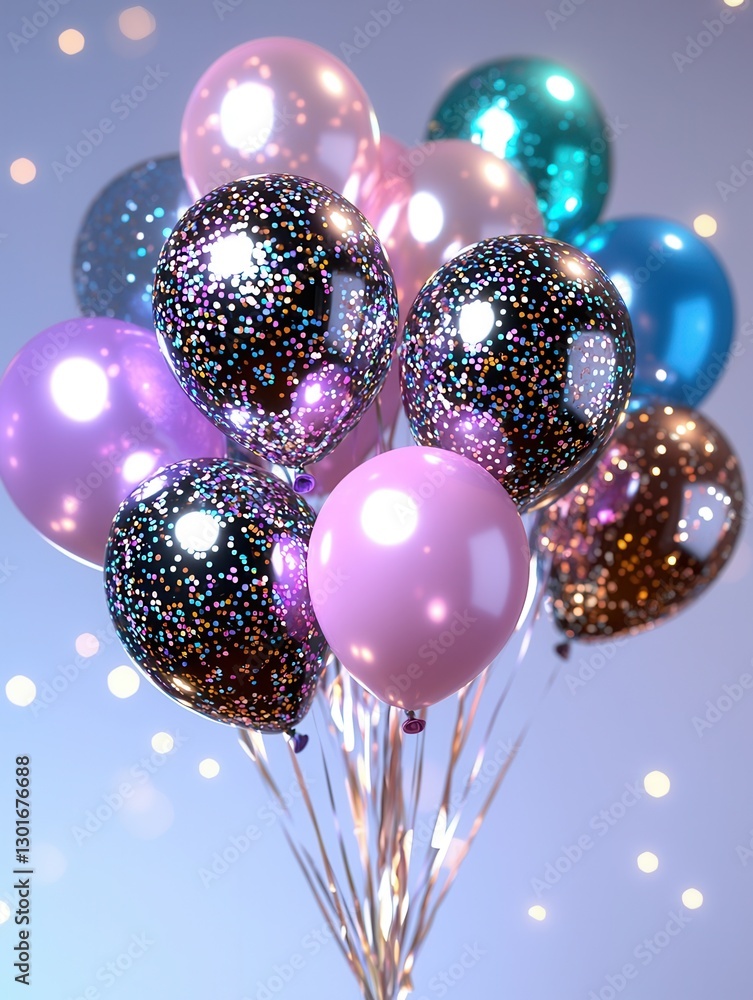 Poster Graceful cluster of shimmering star shaped balloons in a vibrant array of colors creating a captivating and festive backdrop for digital art projects  The balloons are adorned with a sparkling