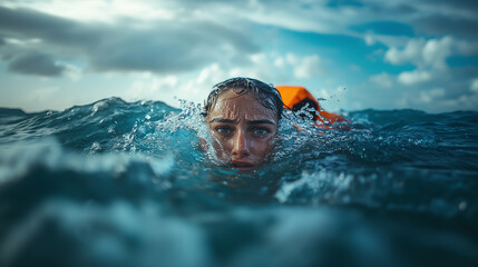 Swimmer navigating ocean waves near bright orange buoy in daylight