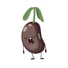 Cute mascot yawning red bean with green sprout in flat style