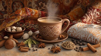 Fototapeta premium Steaming cup of masala chai surrounded by aromatic spices and vibrant textiles in a cozy setting