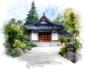 Fototapeta premium Temple stands in a lush garden; trees in background; graphic design element or travel ad use