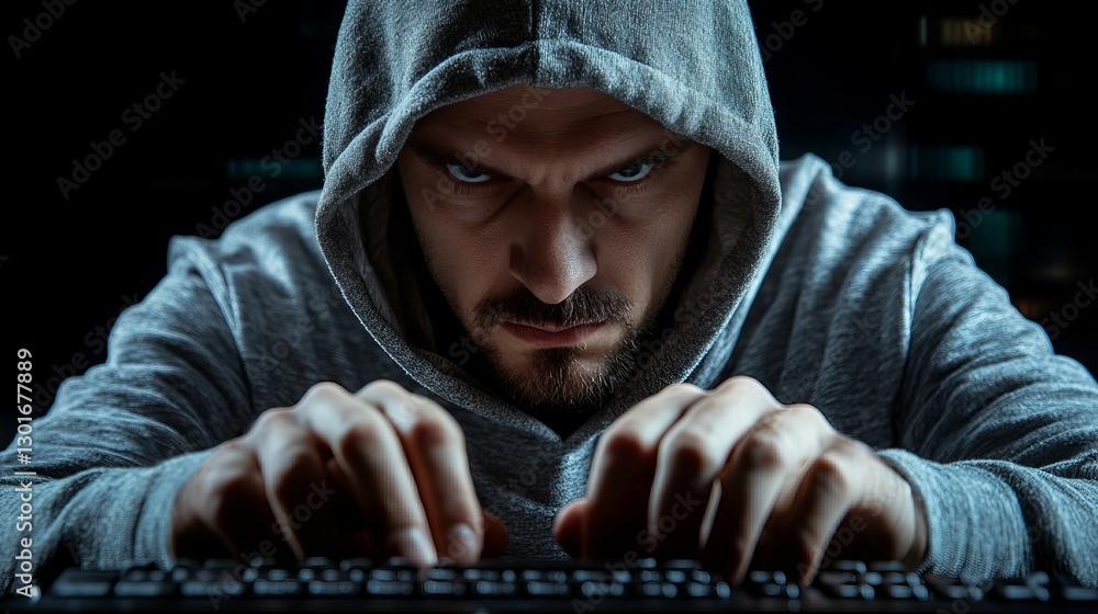 Poster cyber attack simulation dark room image of hacker technology environment close-up focused view