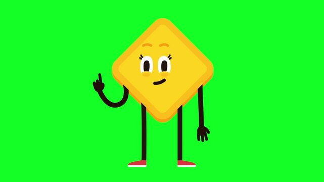 Yellow Diamond-Shaped Warning Road Sign character making expressions of warning, attention, caution. Explainer, tutorial, educational, traffic laws, infographic. Seamless Loop. Green chroma key.