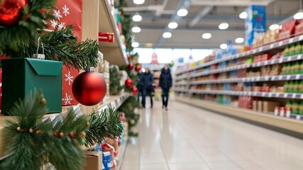 Festive aisle in a supermarket decorated for Christmas with shoppers in the background