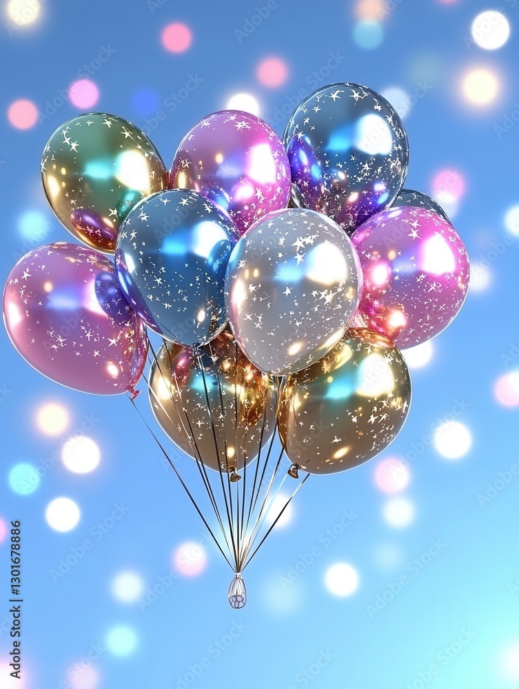 Poster a light and elegant 3d rendering of metallic multicolored balloons floating in a dreamy ethereal sky