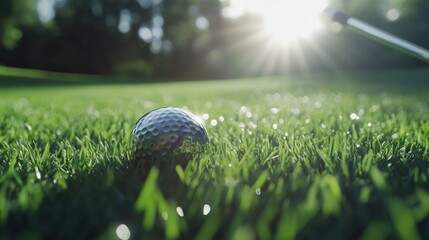 Golf ball on green grass, sunny golf course, blurred club in background.  Possible use Sport, leisure, nature