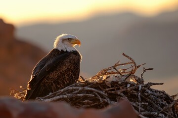 Bald eagle resting on nest at sunset in desert landscape