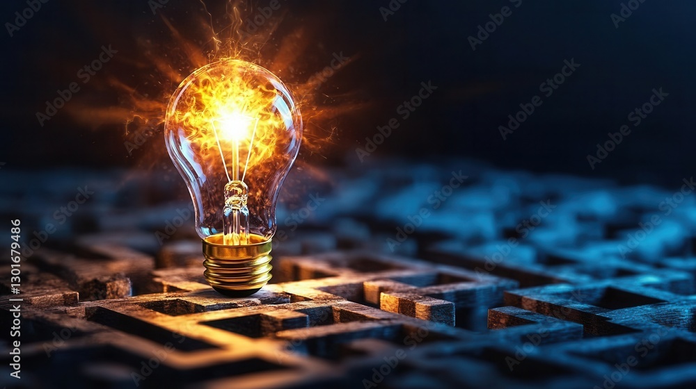 Poster a luminous light bulb radiating warm inviting glow at the center of the frame symbolizing the spark 