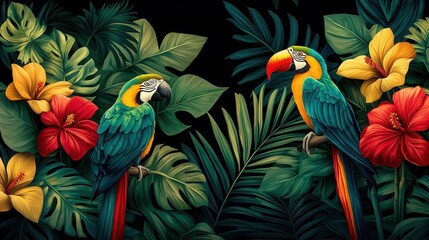 Obraz premium Lush tropical wallpaper background featuring a vibrant array of colorful flowers foliage and exotic birds such as parrots
