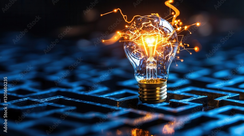 Poster glowing lightbulb surrounded by a digital maze like pattern symbolizing innovation creativity and th