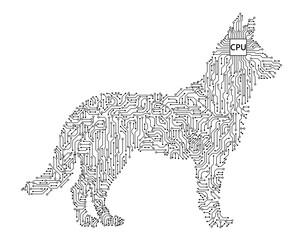 Cybernetic dog digital circuit with CPU. Black and white illustration of a wolf in PCB style with processor in head area. Technological pet logo design, digital technology for animals. Lines and dots