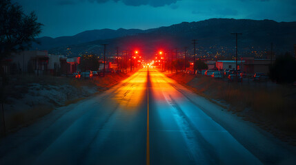 Wet Road at Night, Cityscape, Mountain Background