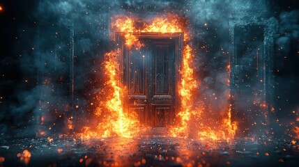 Fototapeta premium Burning Doorway in Smoky, Darkened Room