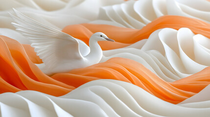 Obraz premium White bird soars through orange and white waves