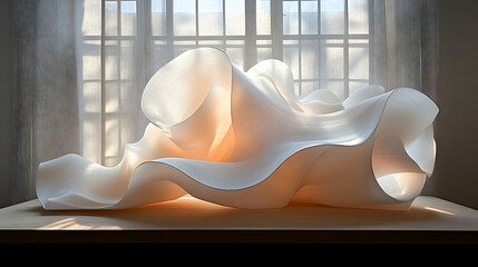 White sculpted form near window, sunlit display