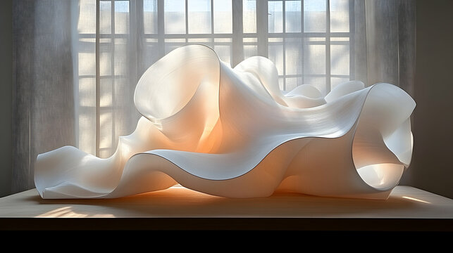 White sculpted form near window, sunlit display