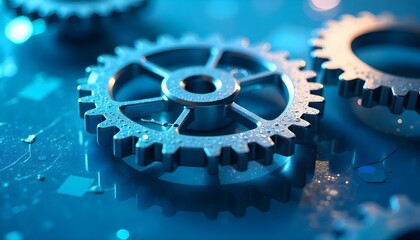 Primer plano de varios engranajes metálicos brillantes entrelazados y dispuestos sobre una superficie reflectante. Los engranajes son predominantemente plateados con un tinte azul y proyectan sombras 
