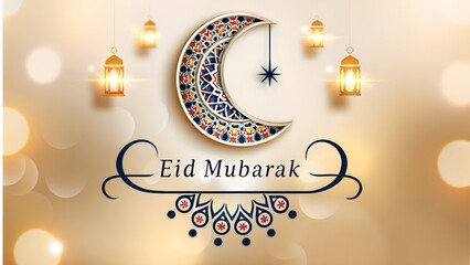 Naklejka premium Decorative Eid moon and writer now 'Eid Mubarak' for holy festival background