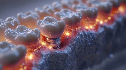 Dental implant procedure, close-up view, glowing gum tissue, background of teeth