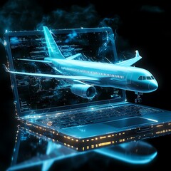 Airplane appearing from laptop illustration tech travel photo