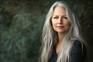 Naklejka premium Portrait of beautiful middle-aged woman with long silver gray hair in front of dark background