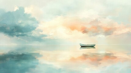 Peaceful white boat on still water, serene sunrise/sunset sky reflection