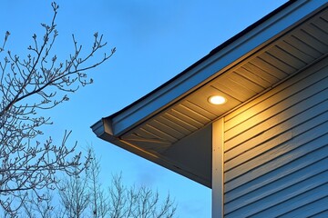 Warm light illuminates house eaves at dusk offering a cozy atmosphere