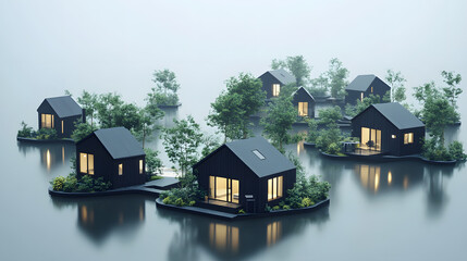 Obraz premium Futuristic Floating Houses on Water, Blank Misty Sky
