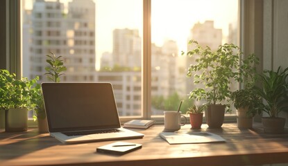 Serene Workspace: Laptop, Plants, and City View