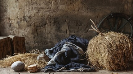 Rustic farm scene with straw bale and worn blanket in old barn setting