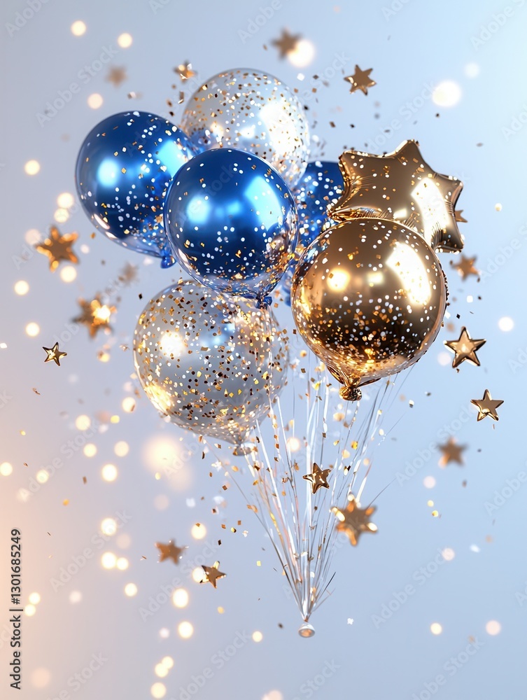 Poster a set of reflective metallic star shaped balloons suspended in the air creating a shimmering and gla