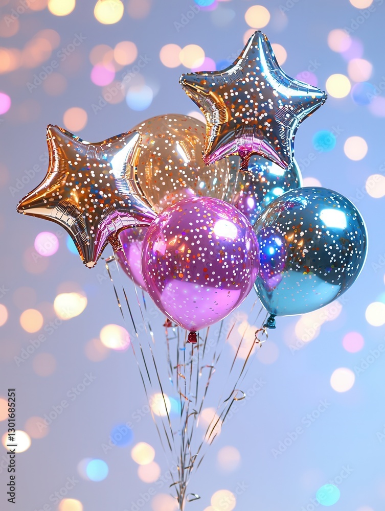 Poster a mesmerizing display of shimmering metallic star shaped balloons suspended against a vibrant irides