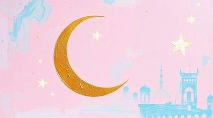 Celestial Whispers: A radiant golden crescent moon and twinkling stars adorn a pastel-hued sky, set against the backdrop of a serene cityscape. The enchanting scene evokes a sense of calm, wonder.