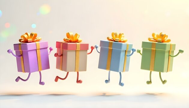 Cuatro cajas de regalo de dibujos animados con brazos y piernas saltan alegremente sobre un fondo blanco, proyectando suaves sombras debajo de ellas